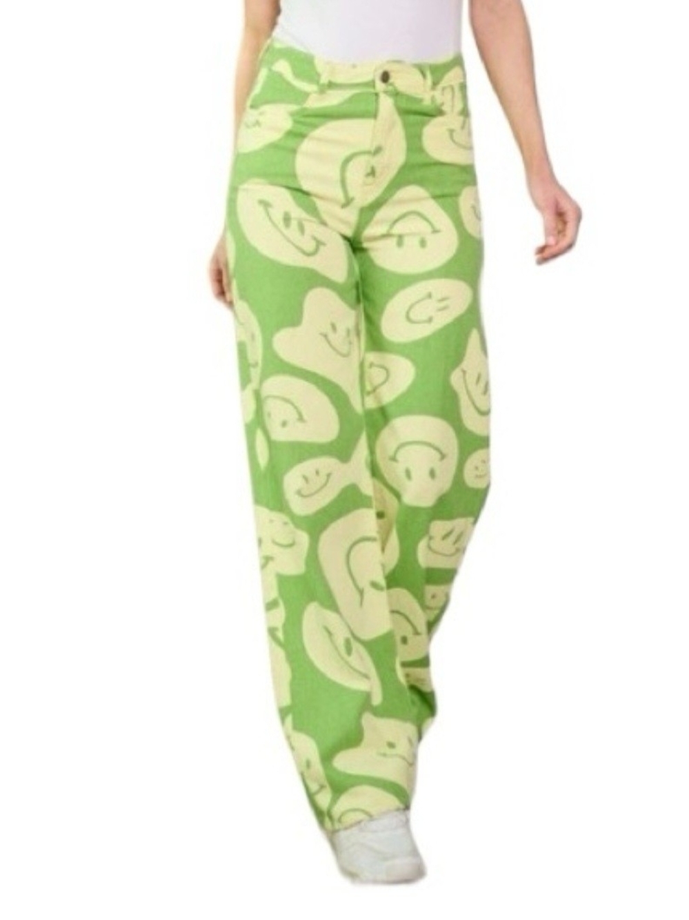 Bailey Rose Green And Yellow Smiley-Print Wide Leg Pants, Sz Med